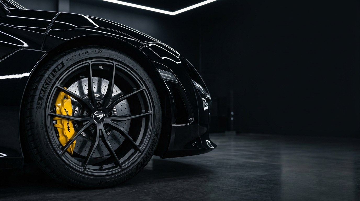 Glossy black sports car performance wheel and brake caliper in studio
